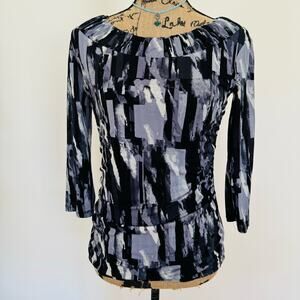 Style & Co Blouse Black Gray 3/4 Sleeves Ruched Sides Abstract Art Boat Neckline